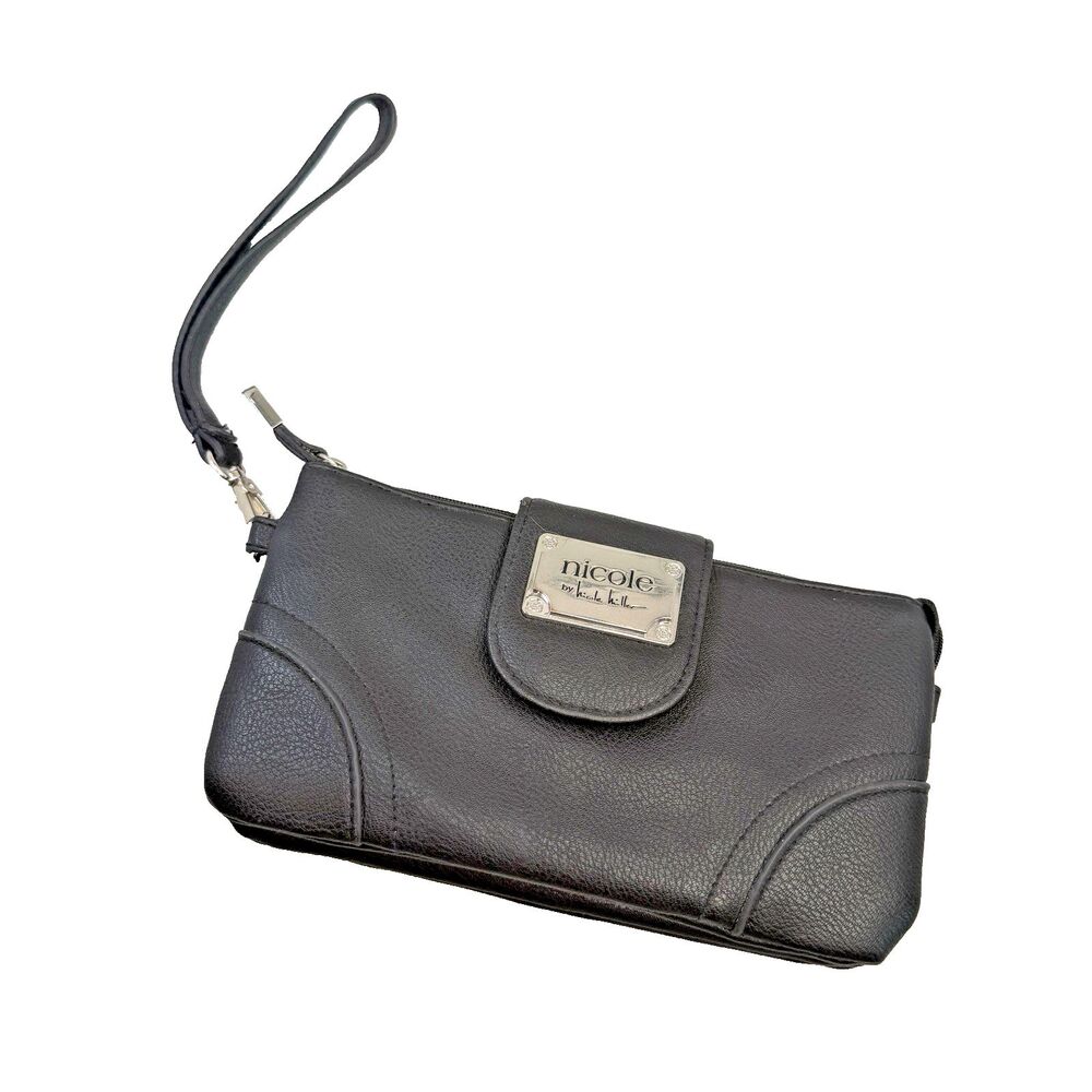 Nicole Miller Black Crossbody Wristlet Bag 3 Zip Sections Adjustable Strap EUC - Picture 2 of 15